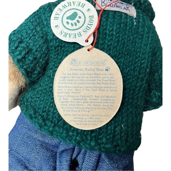 Boyds Bears Edmund T Bear Fall 1996 Green Sweater Jeans Overalls 10" NWT - Picture 6 of 10